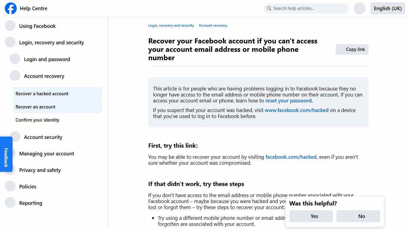 Recover your Facebook account if you can't access your account email address or mobile phone number | Facebook Help Centre